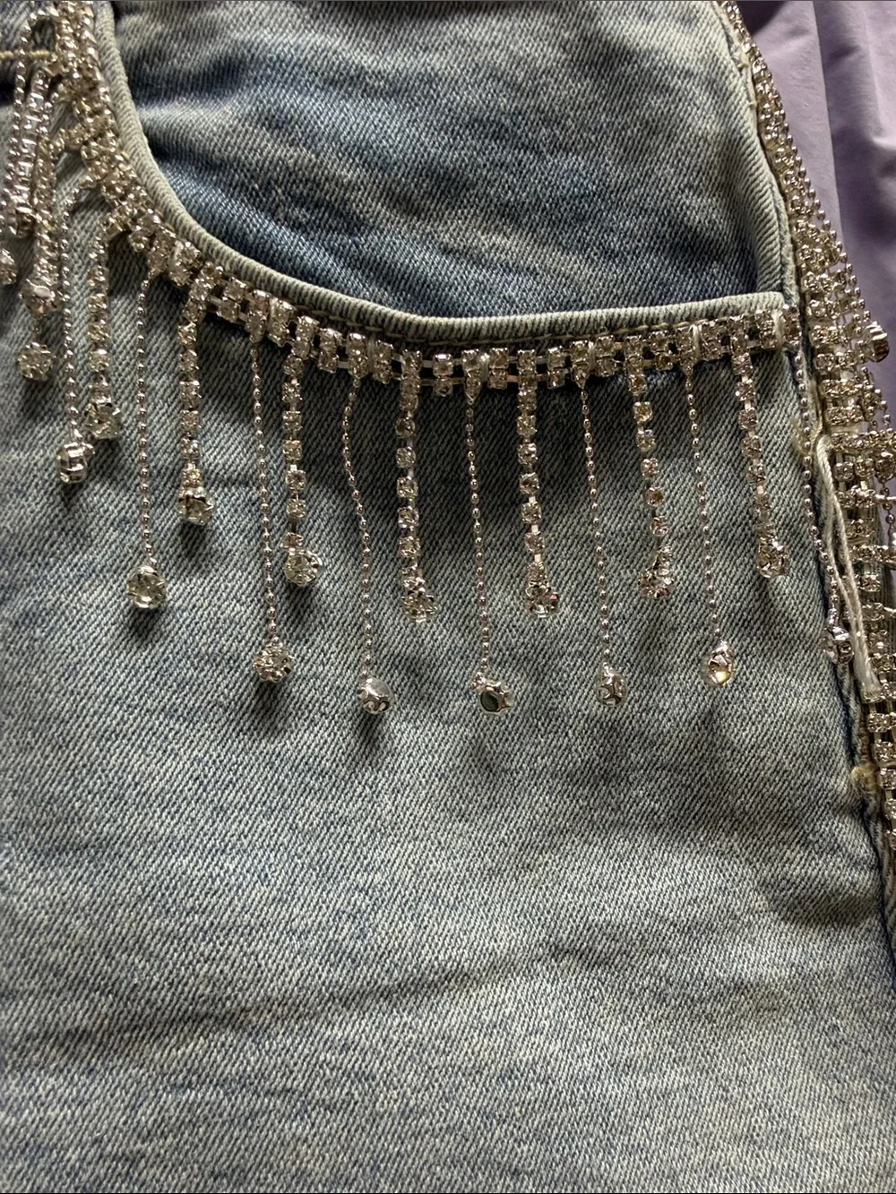 Light Wash Denim Mini Skirt with Rhinestone Fringe